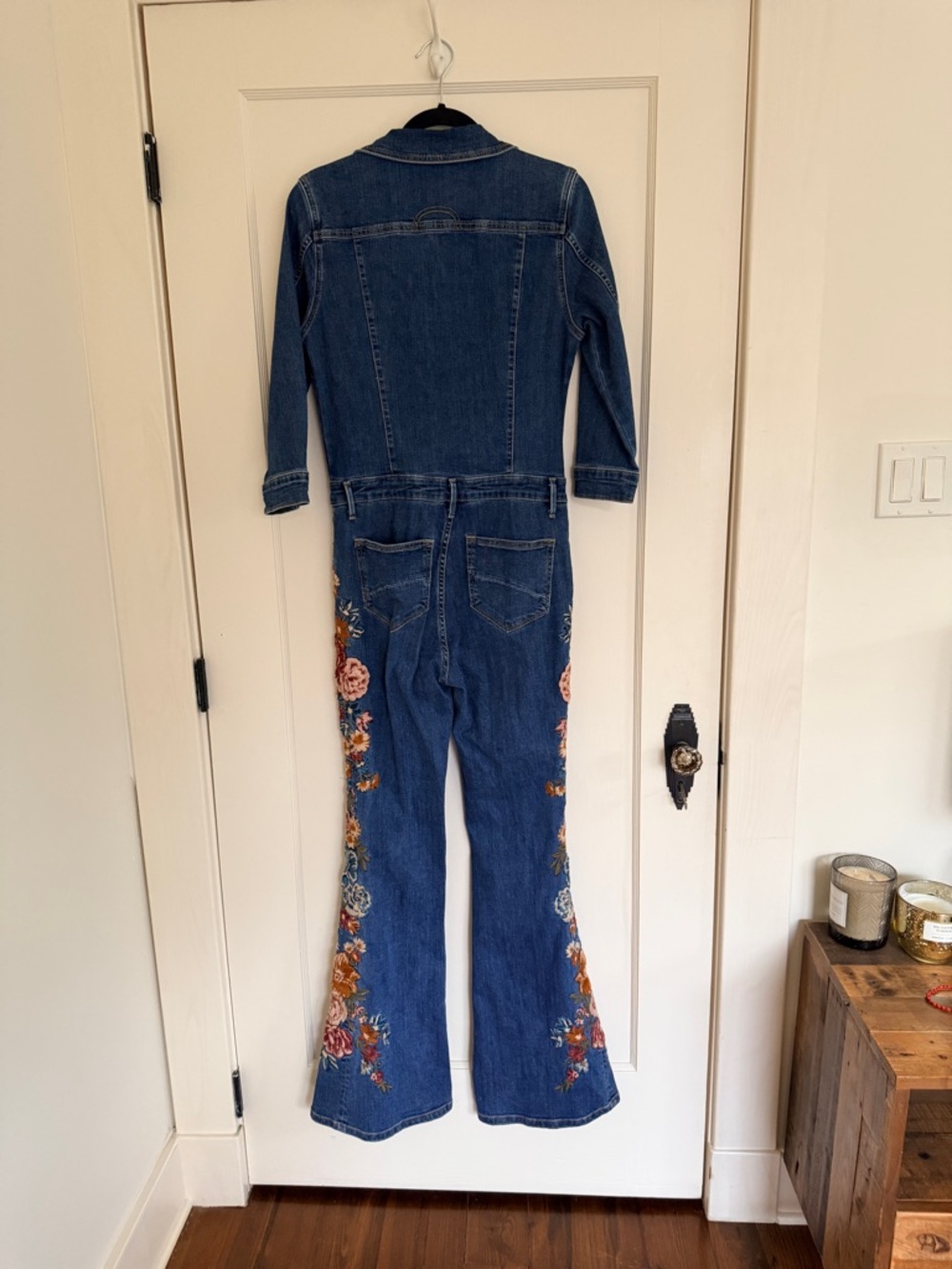 🌸DRIFTWOOD Farrah Embroidered Floral Flare Leg Denim Jumpsuit - Midnight Rose - Picture 2 of 13
